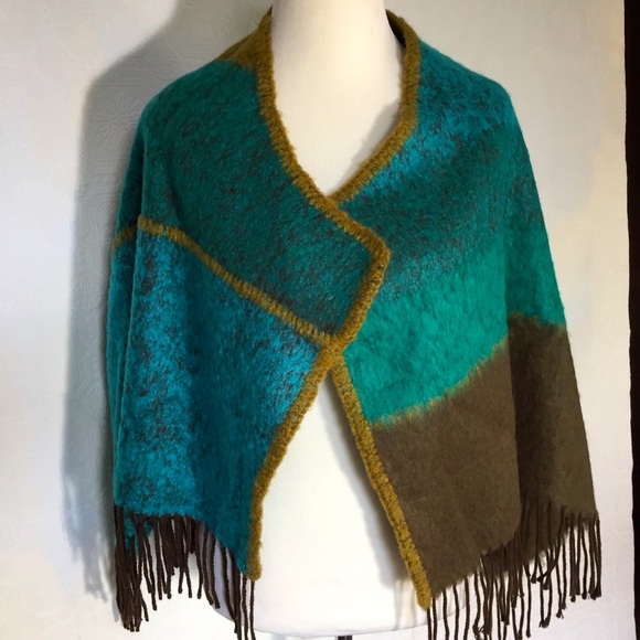 Luciano Dante green blue brown fringe sweater wrap shawl ITALY - Picture 1 of 6